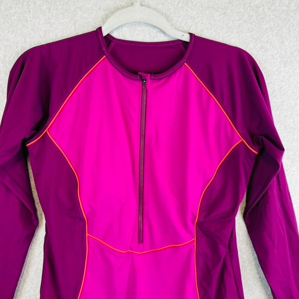Athleta Womans Large Wavebrake One Piece Swim Suit Pink Color Block Long Sleeve - Picture 5 of 10